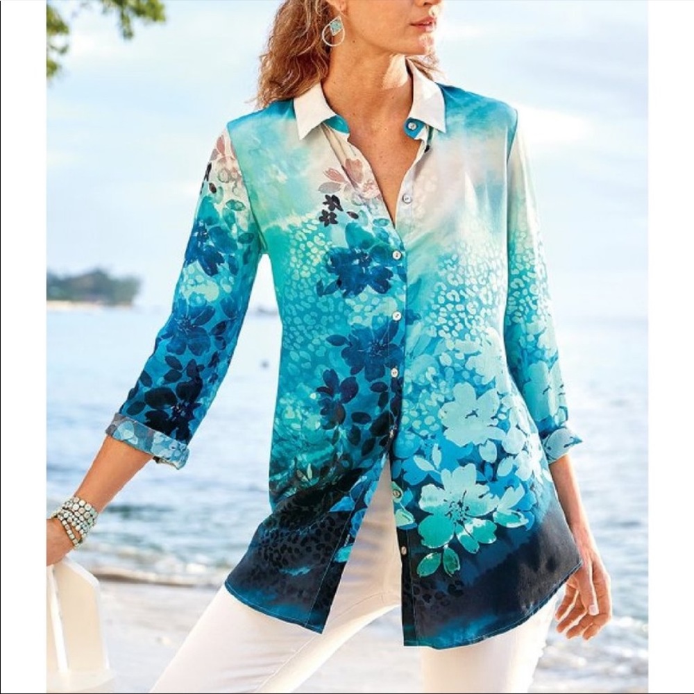 Soft Surroundings Jolene Silk Button Down Top Womens 1X Aqua Blue Floral Tunic